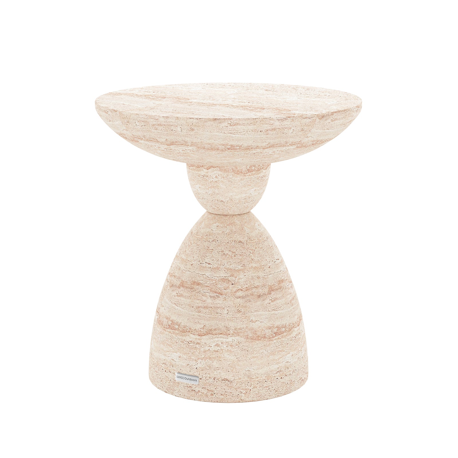 Angled view of Junia Travertine Indoor Outdoor Pedestal Concrete Side Table, showcasing its unique silhouette and texture