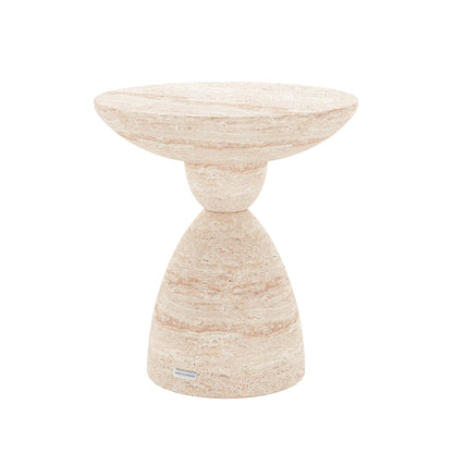 Angled view of Junia Travertine Indoor Outdoor Pedestal Concrete Side Table, showcasing its unique silhouette and texture