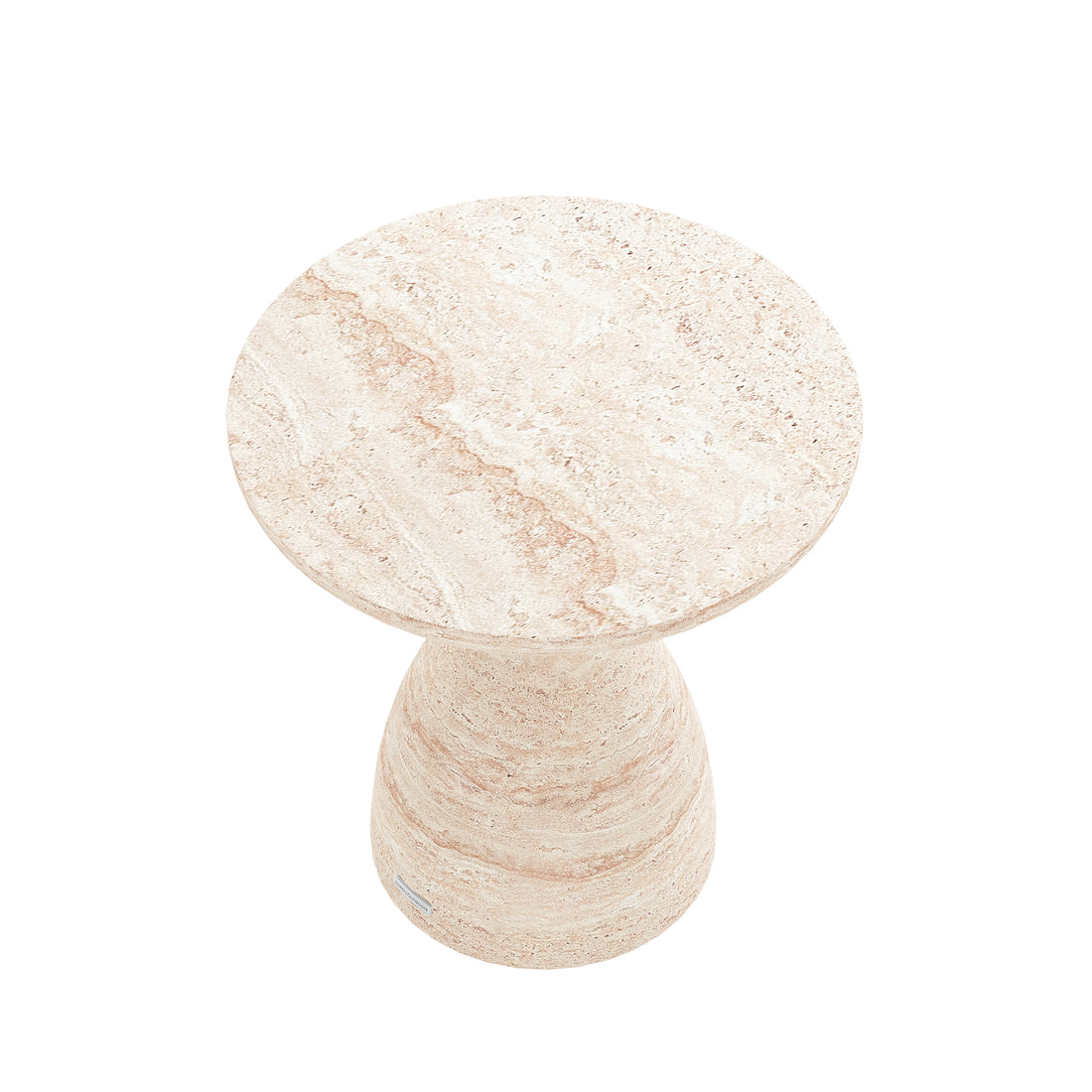 Top-down angled view of Junia Travertine Indoor Outdoor Concrete Side Table, revealing its round top and speckled pattern