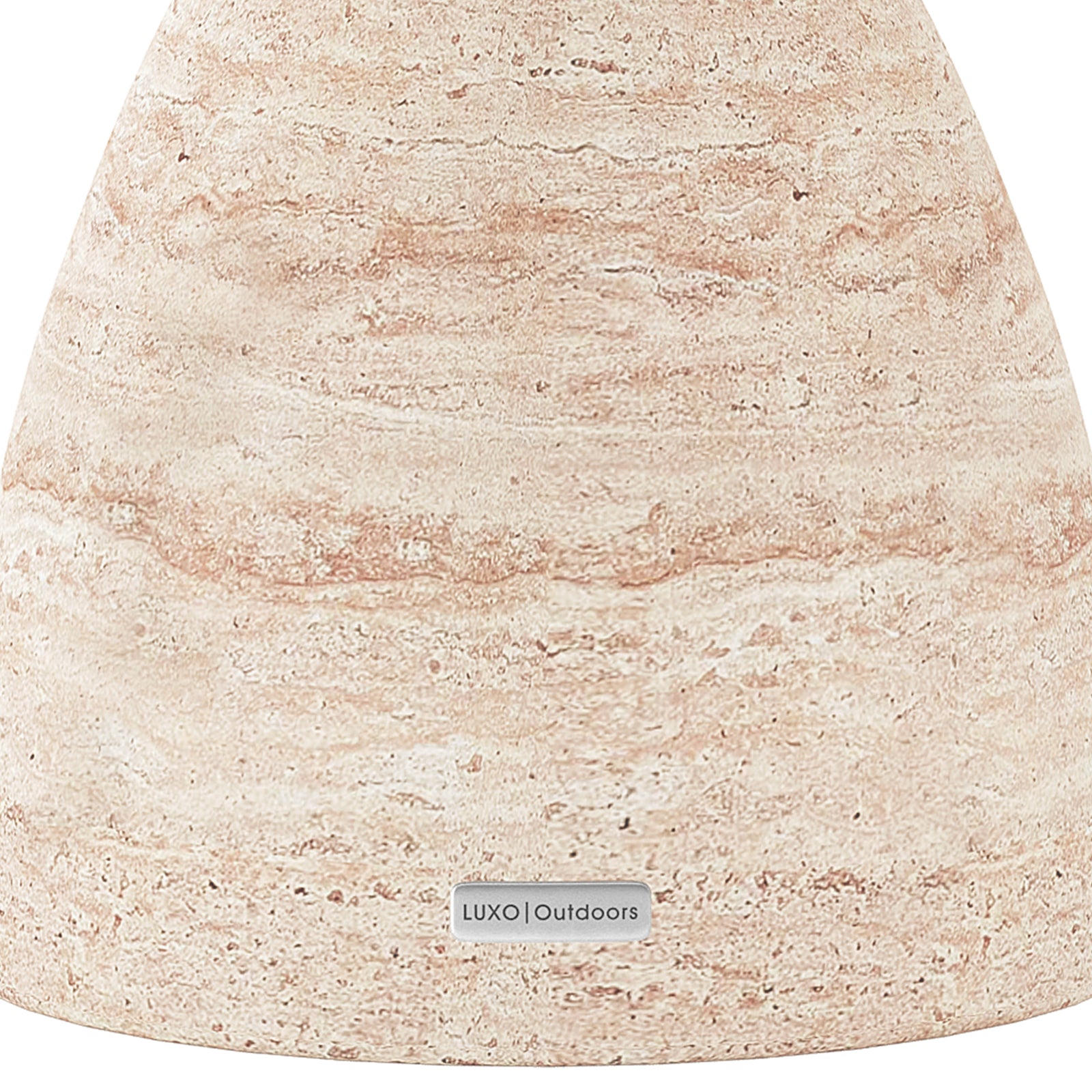 Detail shot of the Junia Travertine concrete side table's speckled surface and base, featuring the Luxo Outdoors tag