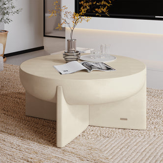 Kora Antique White Concrete Pedestal Coffee Table styled in a modern living room with decor, perfect for indoor outdoor use - Lifestyle