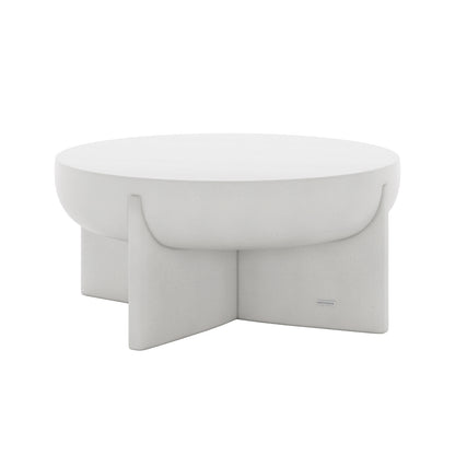 Angled view of Kora White Indoor Outdoor Concrete Pedestal Coffee Table, showcasing its round top and unique base