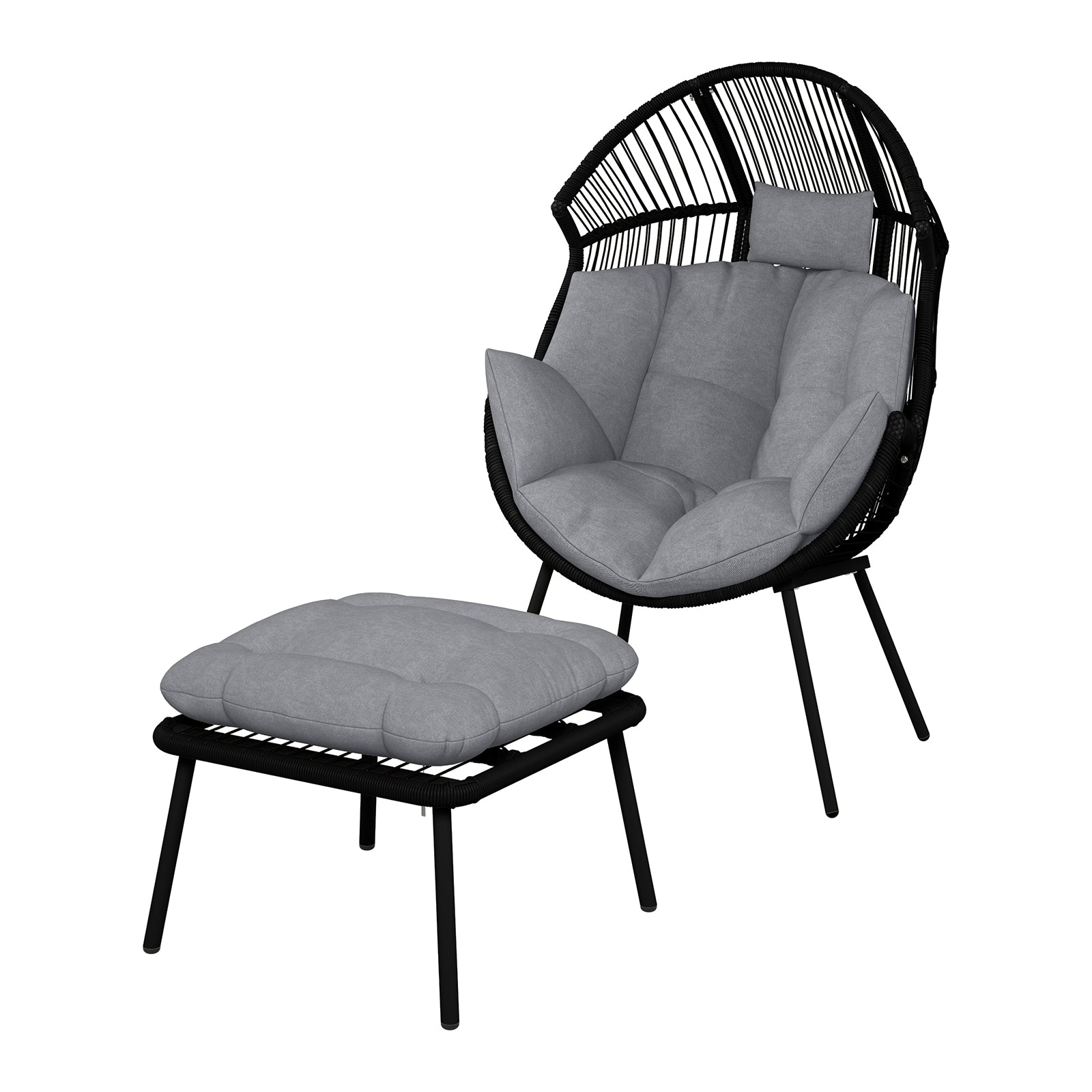 Korrie PE Rattan Outdoor Egg Chair Set with Stool features a sleek black metal chair with a grey cushion, highlighting armrests and a matching footstool designed for stylish indoor or outdoor relaxation.