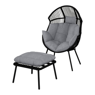 Korrie PE Rattan Outdoor Egg Chair Set with Stool features a sleek black metal chair with a grey cushion, highlighting armrests and a matching footstool designed for stylish indoor or outdoor relaxation.