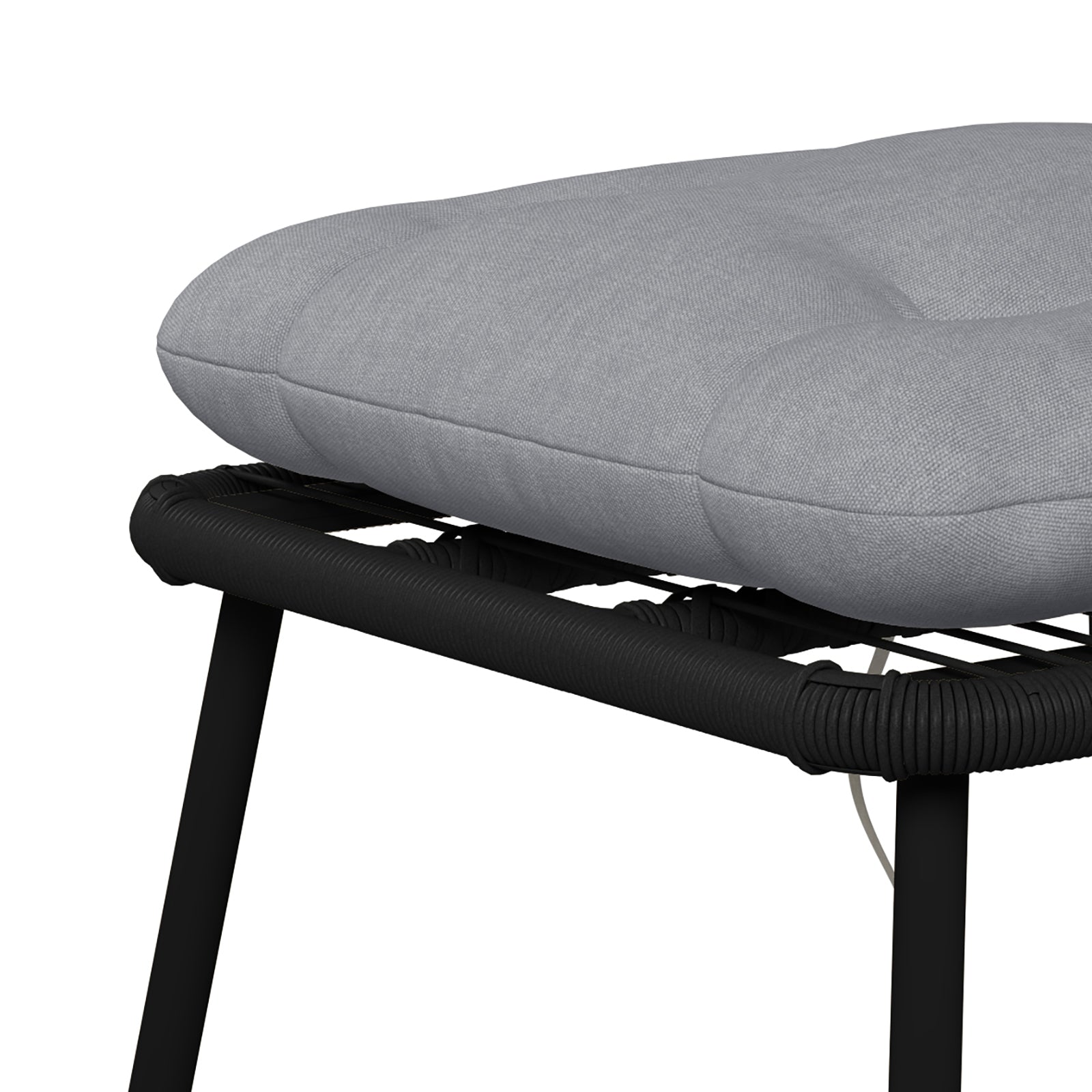 Close-up of the Korrie Rattan Outdoor Egg Chair Set with Stool in black, highlighting the plush cushion and sturdy rattan weave, designed for stylish and comfortable indoor or outdoor relaxation.