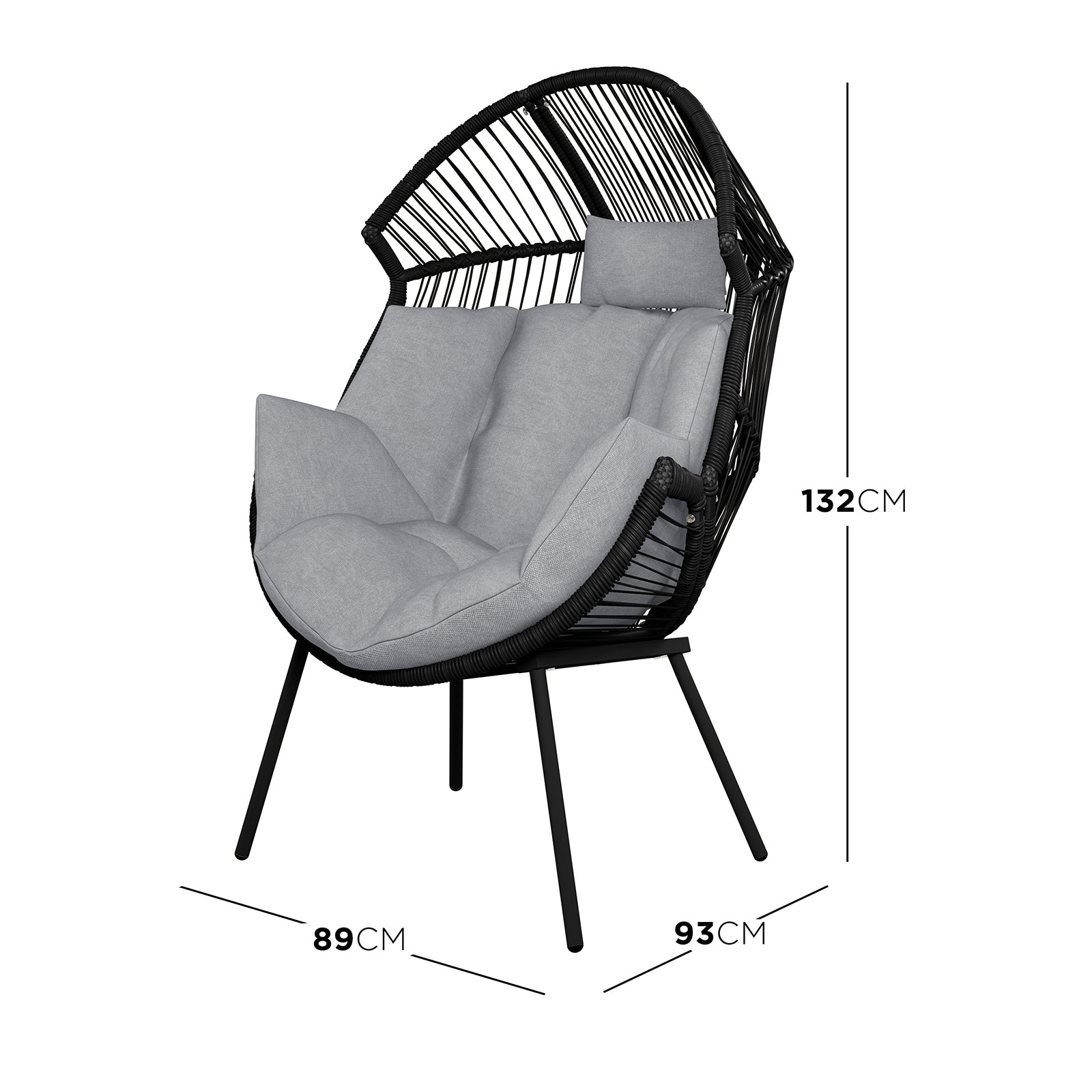 Dimension of the  Korrie PE Rattan Outdoor Egg Chair Set w/ Stool - Black, showcasing a stylish egg-shaped chair with a sturdy steel frame and matching footstool, designed for indoor or outdoor use.