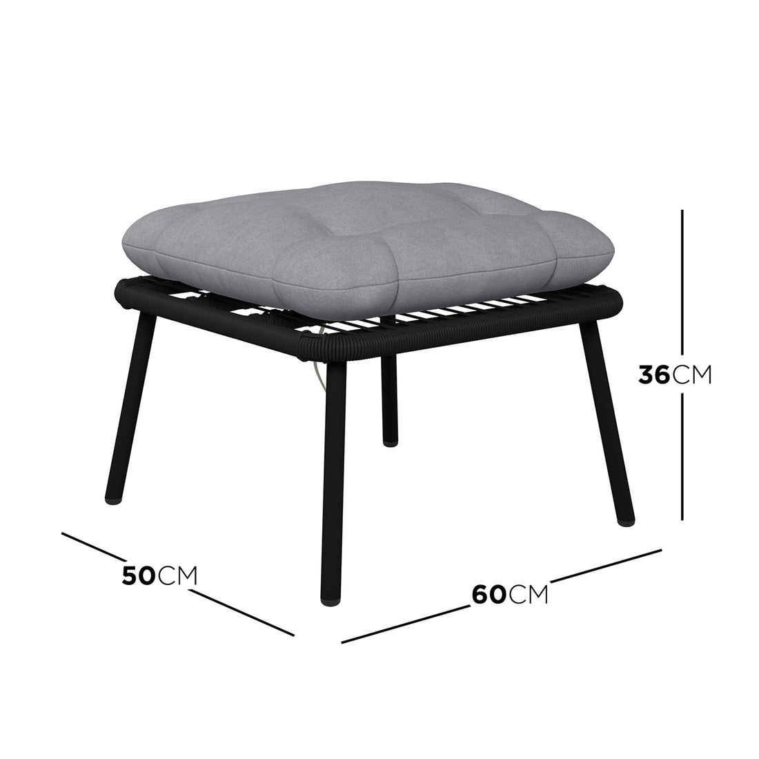 Dimension of the Korrie PE Rattan Outdoor Egg Chair Set w/ Stool features a plush grey cushion on a sturdy black metal base, ideal for stylish indoor or outdoor relaxation. Includes matching stool for enhanced comfort.