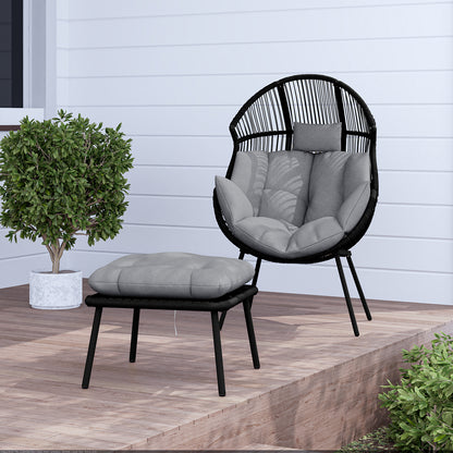 Korrie PE Rattan Outdoor Egg Chair Set with Stool, featuring a sturdy design with plush cushions and a matching stool. Ideal for stylish indoor or outdoor relaxation.