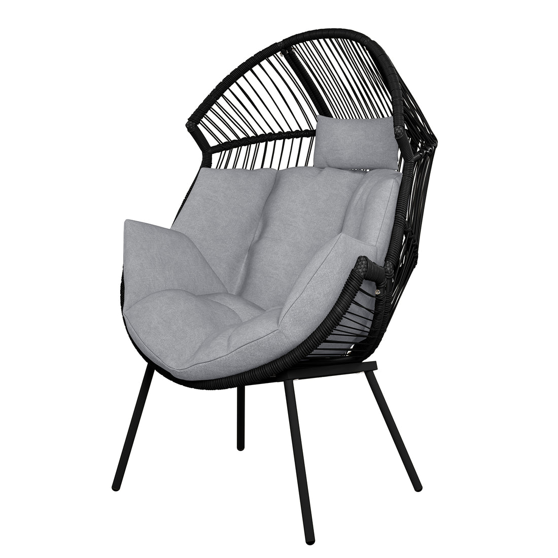 Close-up of Korrie PE Rattan Outdoor Egg Chair Set w/ Stool - Black, highlighting its sleek design, sturdy armrest, and plush cushion, perfect for both indoor and outdoor relaxation.