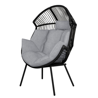 Close-up of Korrie PE Rattan Outdoor Egg Chair Set w/ Stool - Black, highlighting its sleek design, sturdy armrest, and plush cushion, perfect for both indoor and outdoor relaxation.