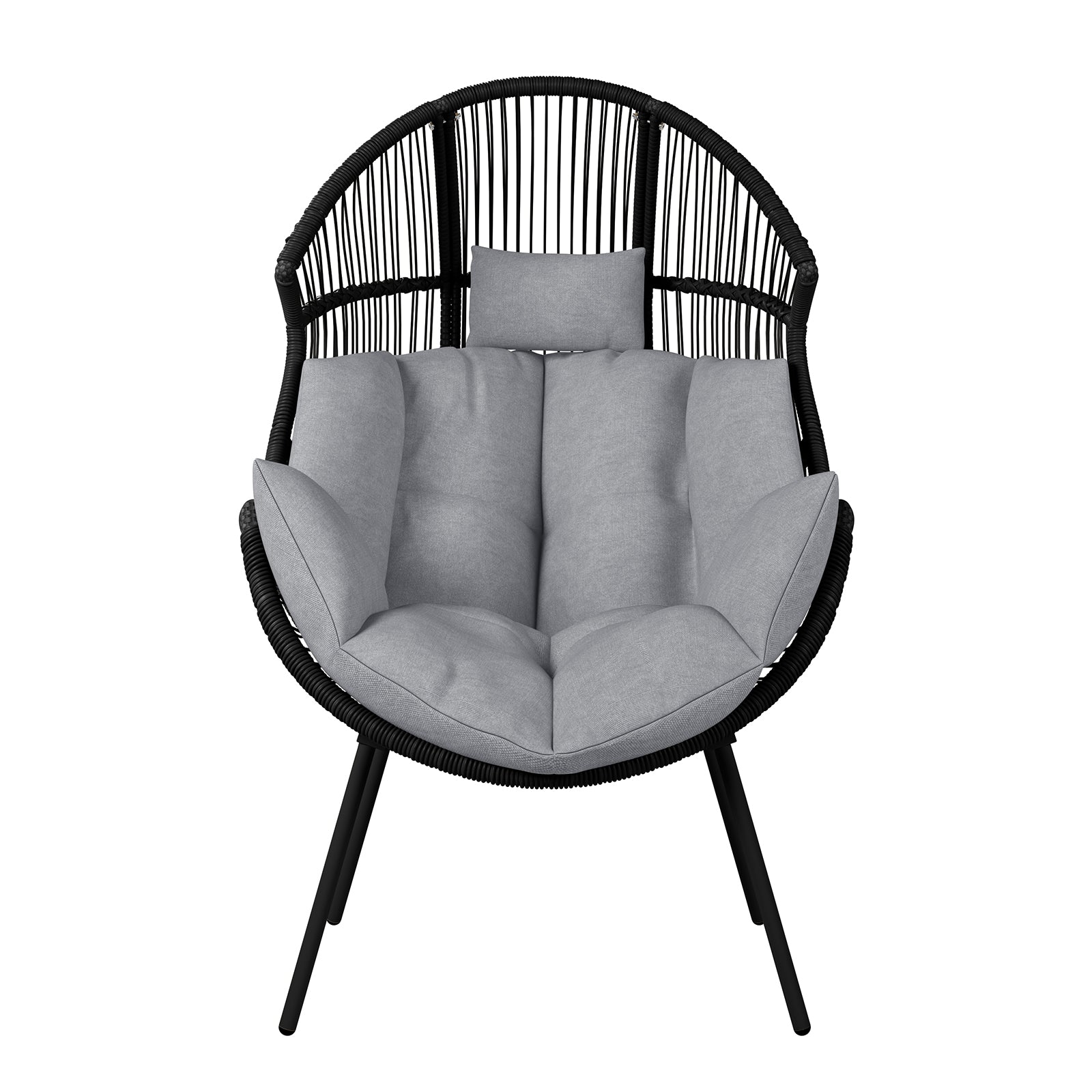 Korrie PE Rattan Outdoor Egg Chair Set w/ Stool - Black, featuring a close-up of the sturdy armrest, plush cushions, and sleek rattan design, ideal for stylish indoor or outdoor lounging.