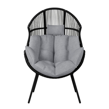 Korrie PE Rattan Outdoor Egg Chair Set w/ Stool - Black, featuring a close-up of the sturdy armrest, plush cushions, and sleek rattan design, ideal for stylish indoor or outdoor lounging.