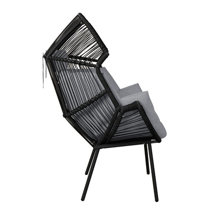 Korrie PE Rattan Outdoor Egg Chair Set with Stool - Black features a black chair with a grey cushion, showcasing its modern design and plush seating, ideal for stylish outdoor relaxation.