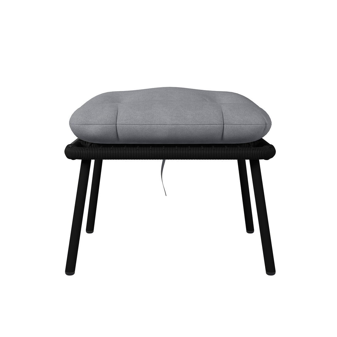 Korrie PE Rattan Outdoor Egg Chair Set w/ Stool - Black: Close-up of the chair's curved rattan structure and plush cushions, highlighting its sturdy design and comfortable seating with a matching stool.