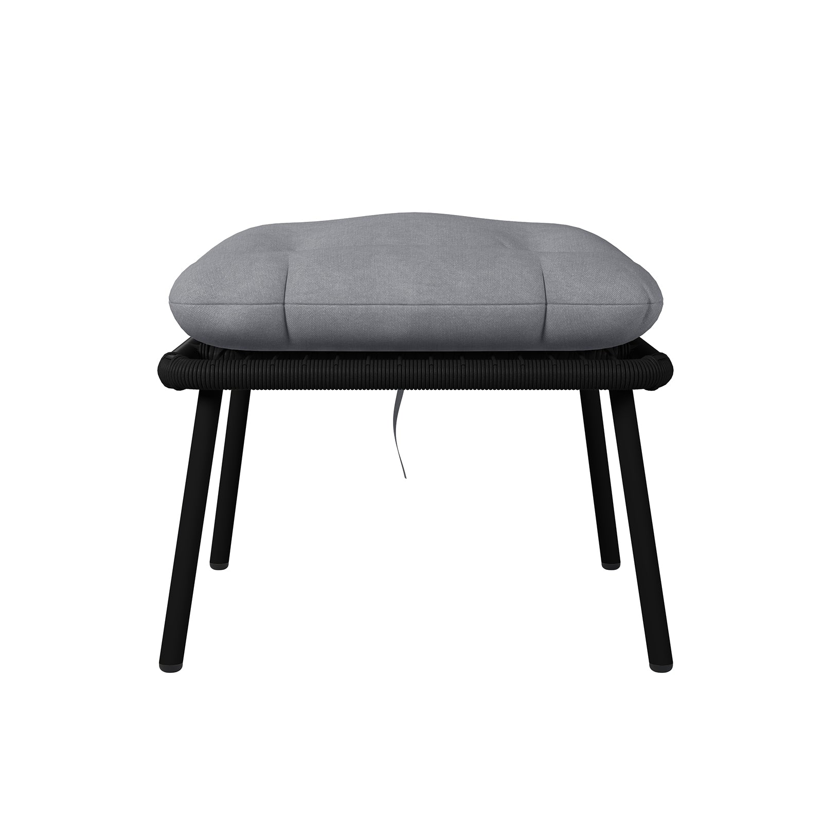 Korrie PE Rattan Outdoor Egg Chair Set w/ Stool - Black: Close-up of the chair's curved rattan structure and plush cushions, highlighting its sturdy design and comfortable seating with a matching stool.