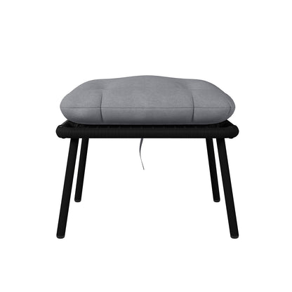 Korrie PE Rattan Outdoor Egg Chair Set w/ Stool - Black: Close-up of the chair's curved rattan structure and plush cushions, highlighting its sturdy design and comfortable seating with a matching stool.