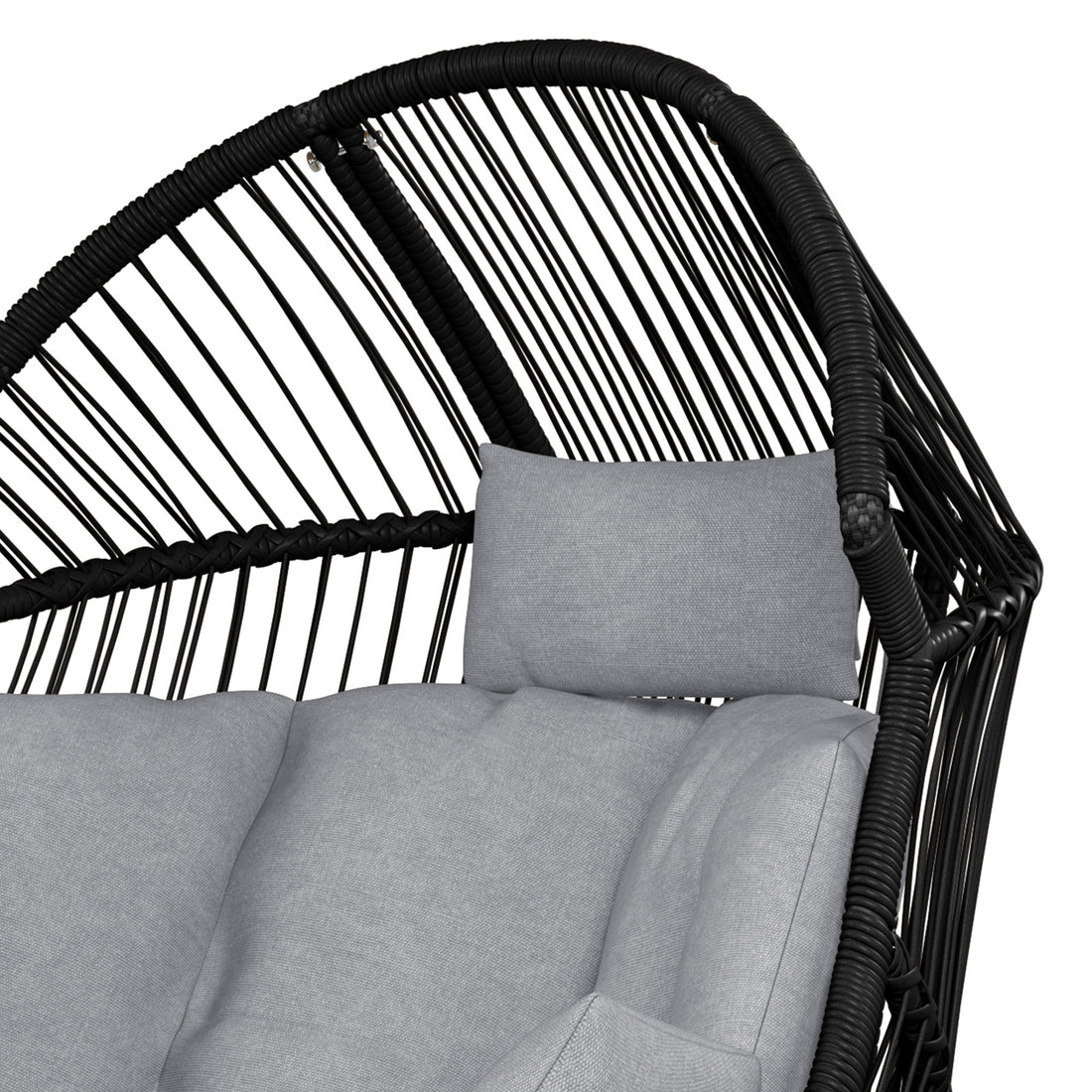 Close-up of the Korrie PE Rattan Outdoor Egg Chair Set w/ Stool - Black, highlighting the modern design with plush cushions on a sturdy steel frame and weather-resistant rattan weave.