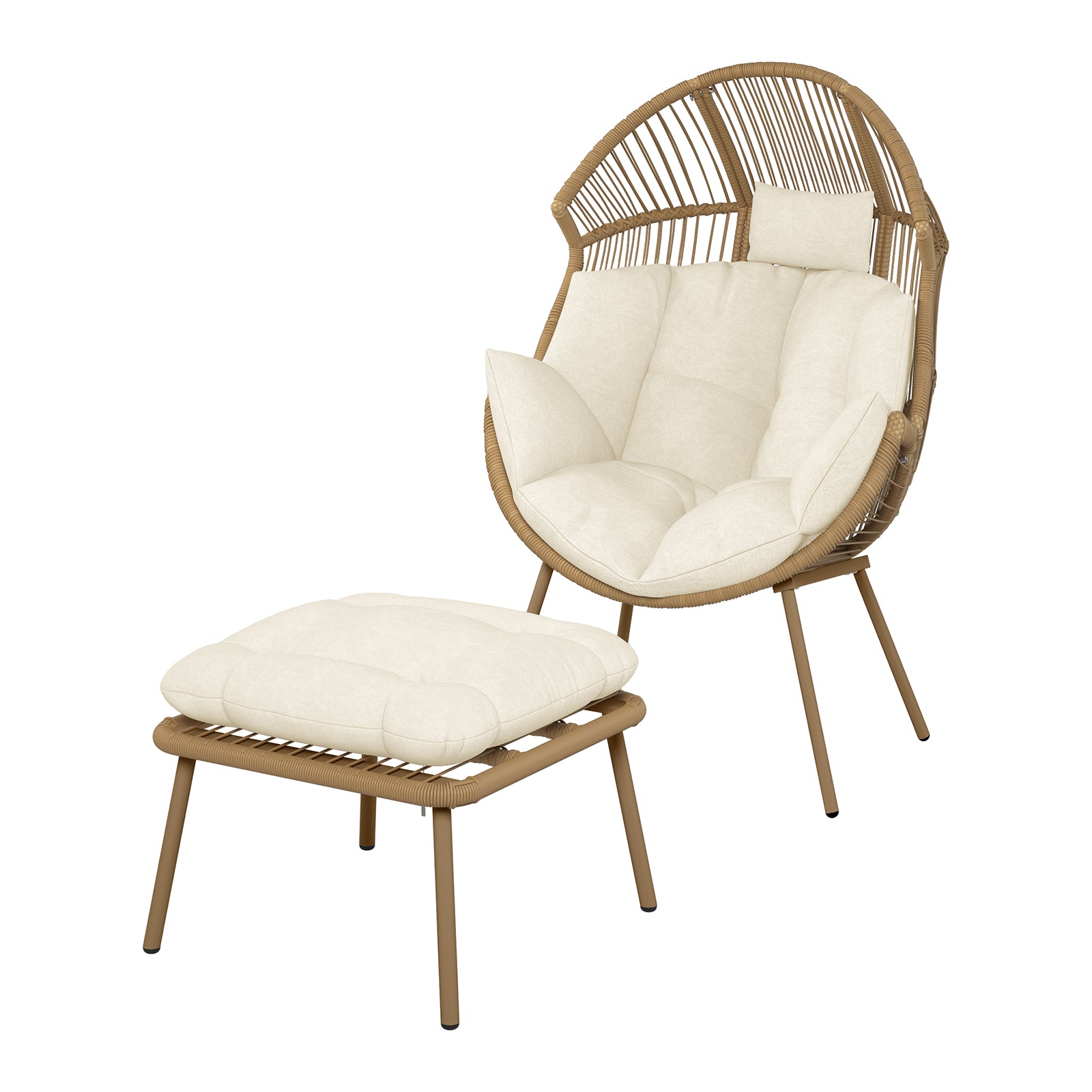 Korrie PE Rattan Outdoor Egg Chair Set w/ Stool - White, featuring a plush white cushion on a wicker chair with armrests, designed for indoor or outdoor relaxation.
