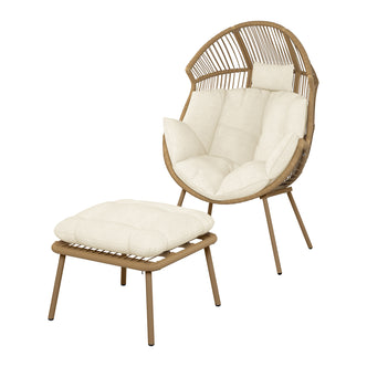 Korrie PE Rattan Outdoor Egg Chair Set w/ Stool - White, featuring a plush white cushion on a wicker chair with armrests, designed for indoor or outdoor relaxation.
