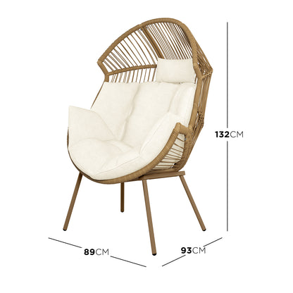 Dimension of the Korrie PE Rattan Outdoor Egg Chair Set w/ Stool - White featuring a wicker chair with plush white cushions, showcasing armrests and a matching footstool, designed for both indoor and outdoor relaxation.