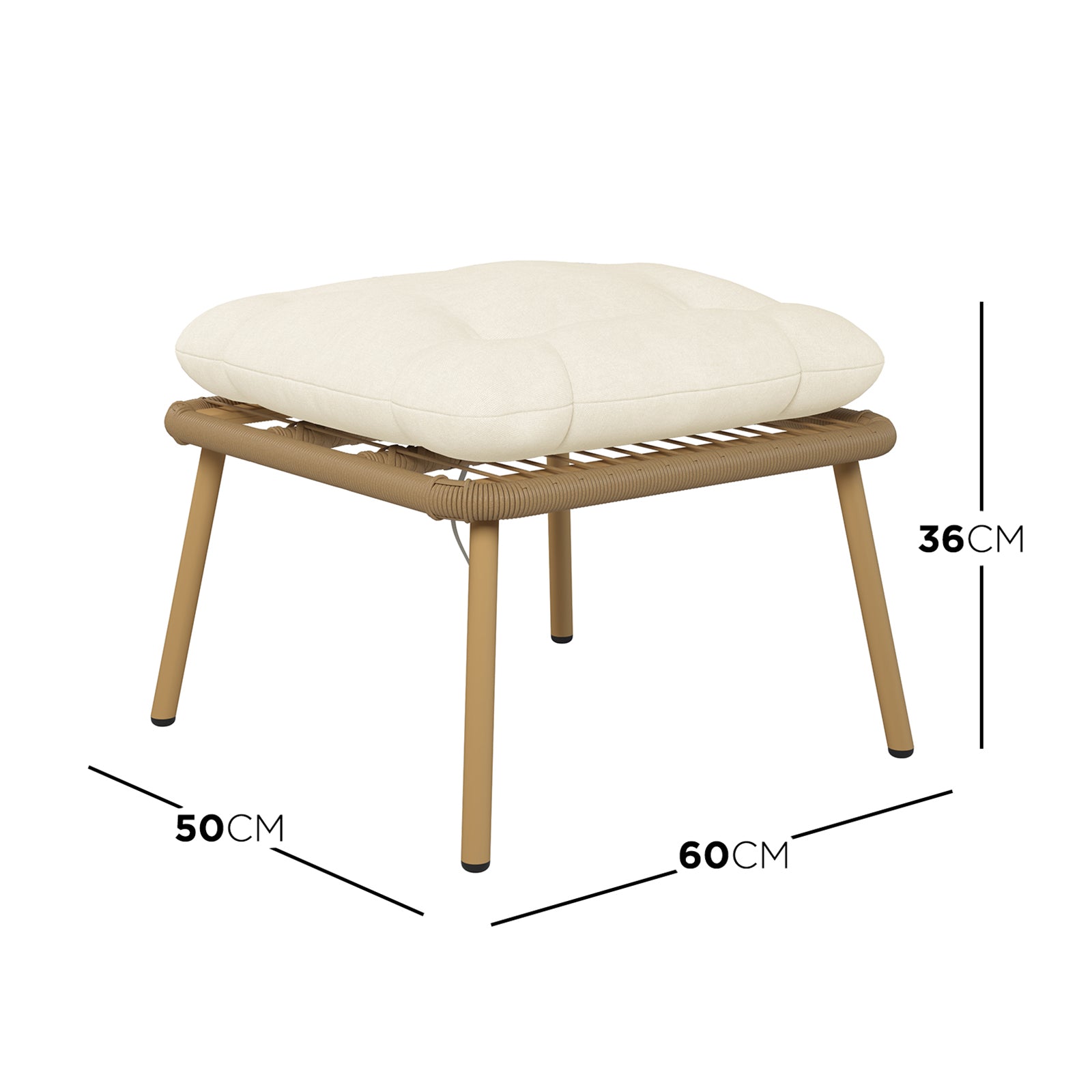 Dimension of the  Korrie PE Rattan Outdoor Egg Chair Set w/ Stool - White: Close-up of the chair's rattan texture, sturdy steel frame, and included stool, highlighting its durable, stylish design for indoor or outdoor relaxation.