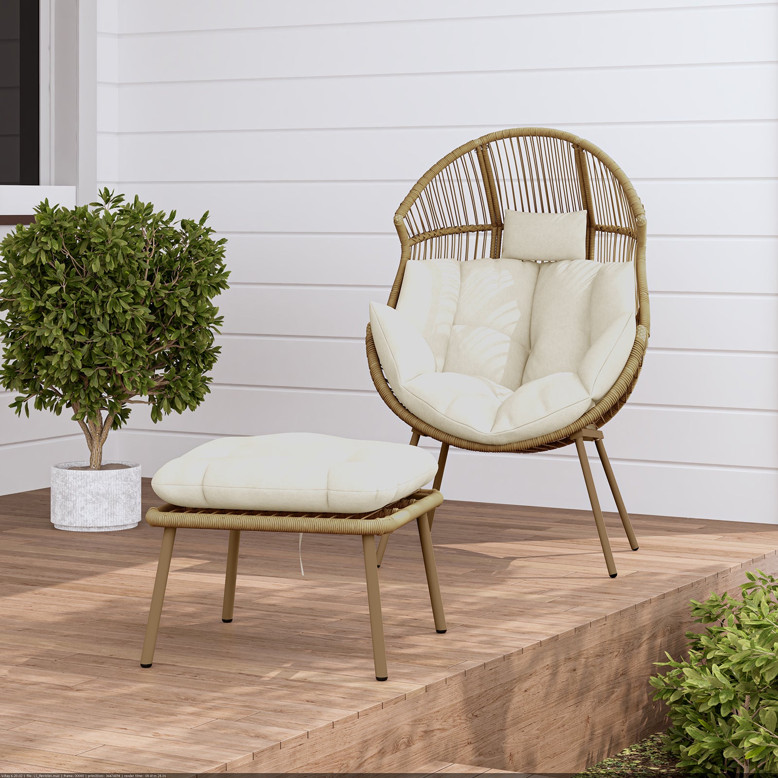Korrie PE Rattan Outdoor Egg Chair Set with Stool features a close-up of its stylish design, showcasing its durable rattan texture, armrest, and matching stool, perfect for both indoor and outdoor relaxation.