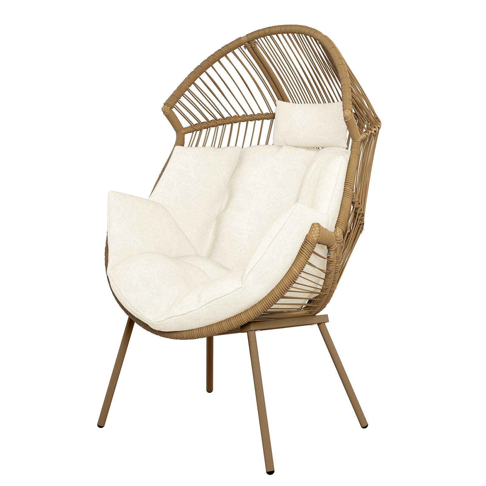 Korrie PE Rattan Outdoor Egg Chair Set features a wicker chair with a white cushion and armrests, showcasing a modern design for indoor or outdoor relaxation, accompanied by a matching stool.