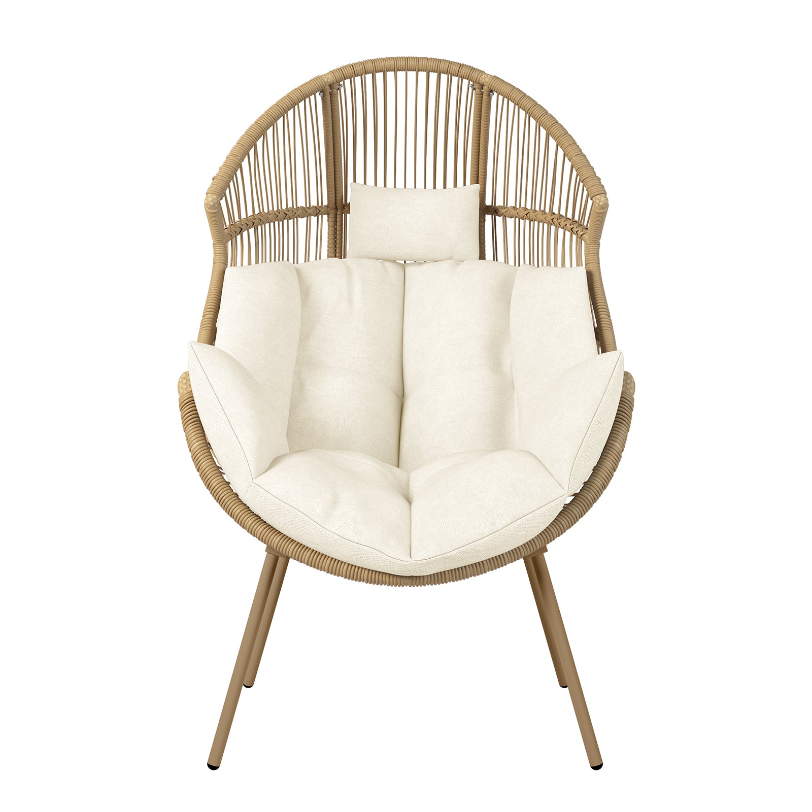 Korrie PE Rattan Outdoor Egg Chair Set w/ Stool - White, featuring a close-up of the wicker chair's armrest and cushion, highlighting its plush futon pad for comfortable lounging.