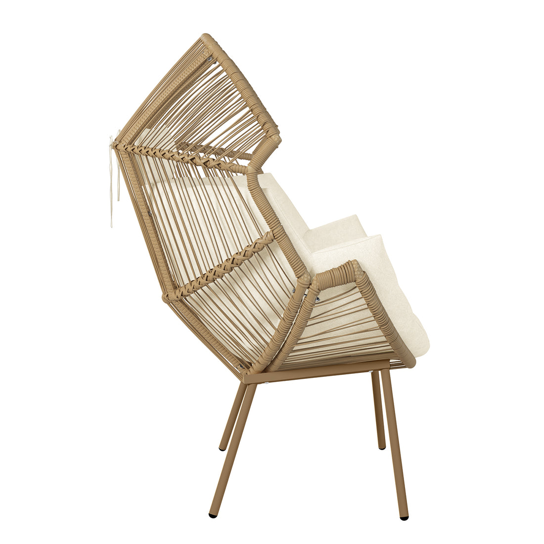 Side profile of Korrie Rattan Outdoor Egg Chair Set with Stool, showcasing its elegant rattan design and plush cushioning, highlighting the sturdy steel frame and weather-resistant features for comfortable indoor or outdoor use.