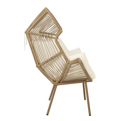 Side profile of Korrie Rattan Outdoor Egg Chair Set with Stool, showcasing its elegant rattan design and plush cushioning, highlighting the sturdy steel frame and weather-resistant features for comfortable indoor or outdoor use.