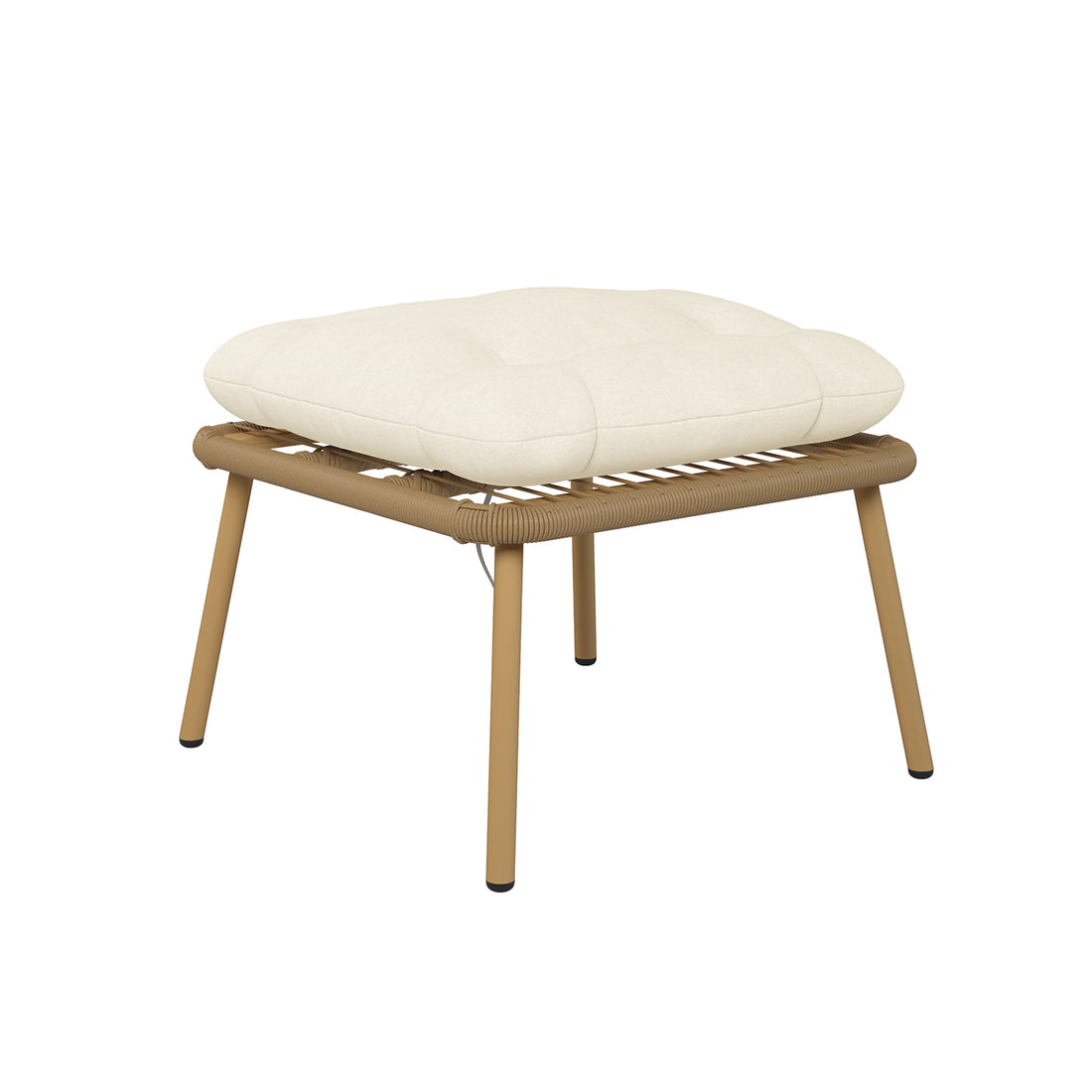 Korrie PE Rattan Outdoor Egg Chair Set with Stool features a close-up of the sturdy rattan weave and plush cushion on a wooden chair, highlighting its inviting and durable design for relaxation.