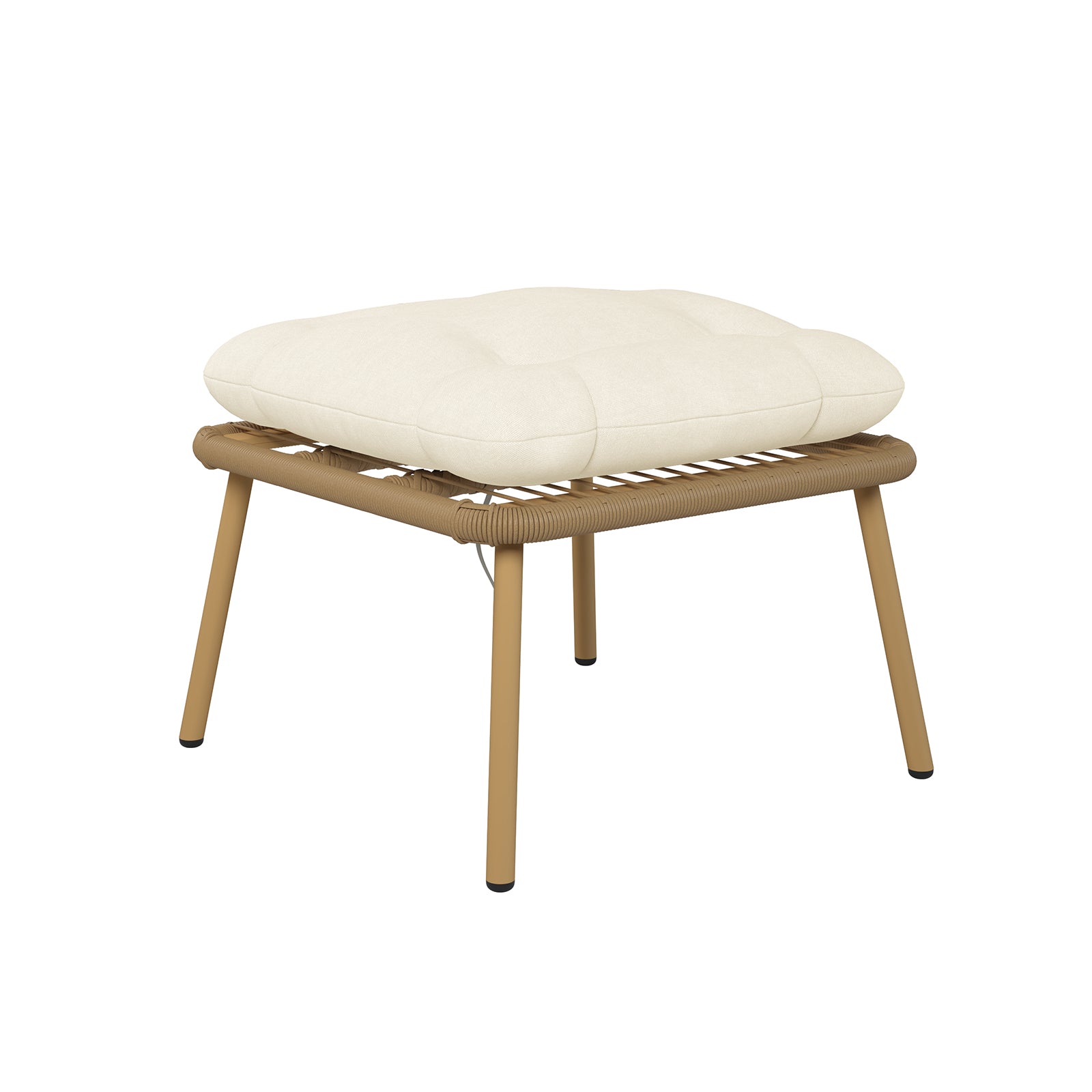 Korrie PE Rattan Outdoor Egg Chair Set with Stool features a close-up of the sturdy rattan weave and plush cushion on a wooden chair, highlighting its inviting and durable design for relaxation.