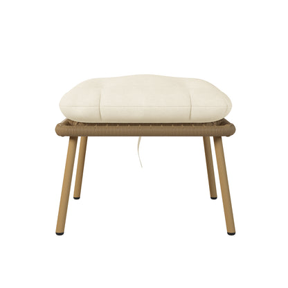 The Korrie PE Rattan Outdoor Egg Chair Set with Stool features a plush white cushion on a sturdy chair, showcasing its inviting design ideal for both indoor and outdoor relaxation.