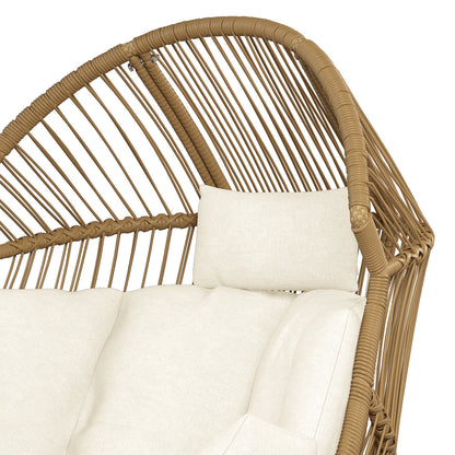 Close-up of the Korrie PE Rattan Outdoor Egg Chair Set with Stool, showcasing the plush white cushion on the wicker chair, emphasizing the luxurious comfort and modern design.