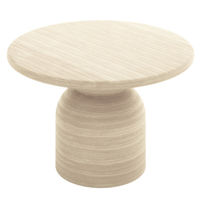 Krates 120cm Round Indoor/Outdoor Concrete Dining Table Beige features a modern, round design with a smooth white surface, suitable for seating four, blending concrete and fiberglass for durability.
