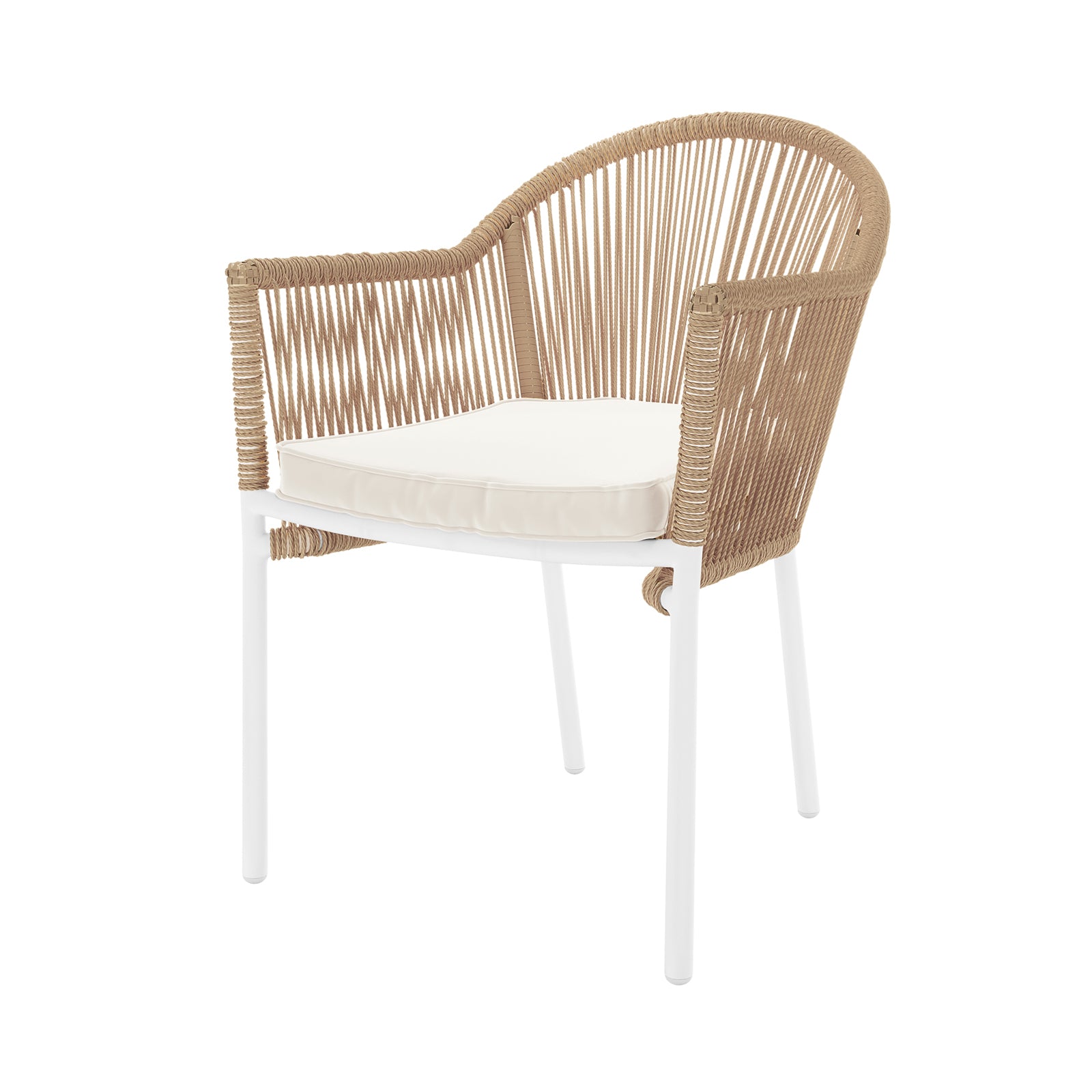 Angled view of Krates & Mindanao 5pc Outdoor Concrete Dining Set with wicker chairs, showcasing the wicker armrest design and cushion, highlighting the chair's craftsmanship and outdoor suitability.