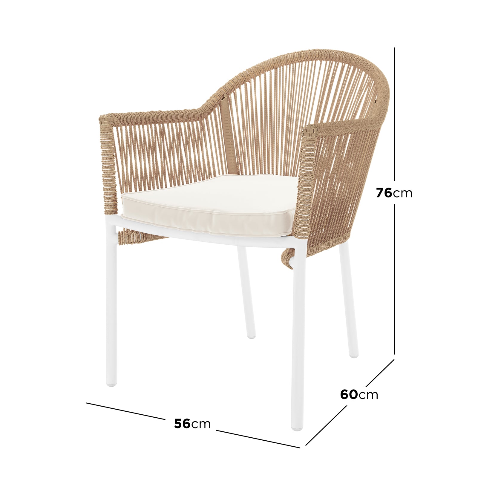 Dimension of Krates & Mindanao 5pc Outdoor Concrete Dining Set w/ Wicker Chairs Beige, featuring a wicker chair with armrests and cushion, highlighting its design and craftsmanship.