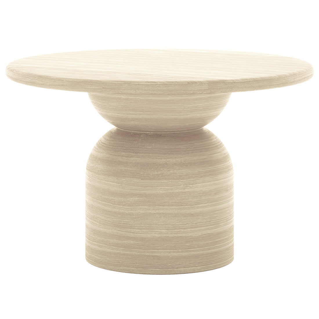 Close-up of Krates & Mindanao 5pc Outdoor Concrete Dining Set featuring a round wooden table and wicker chairs, showcasing the set's detailed craftsmanship and modern design.