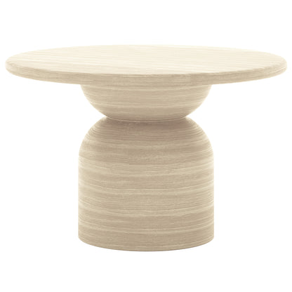 Close-up of Krates & Mindanao 5pc Outdoor Concrete Dining Set featuring a round wooden table and wicker chairs, showcasing the set's detailed craftsmanship and modern design.