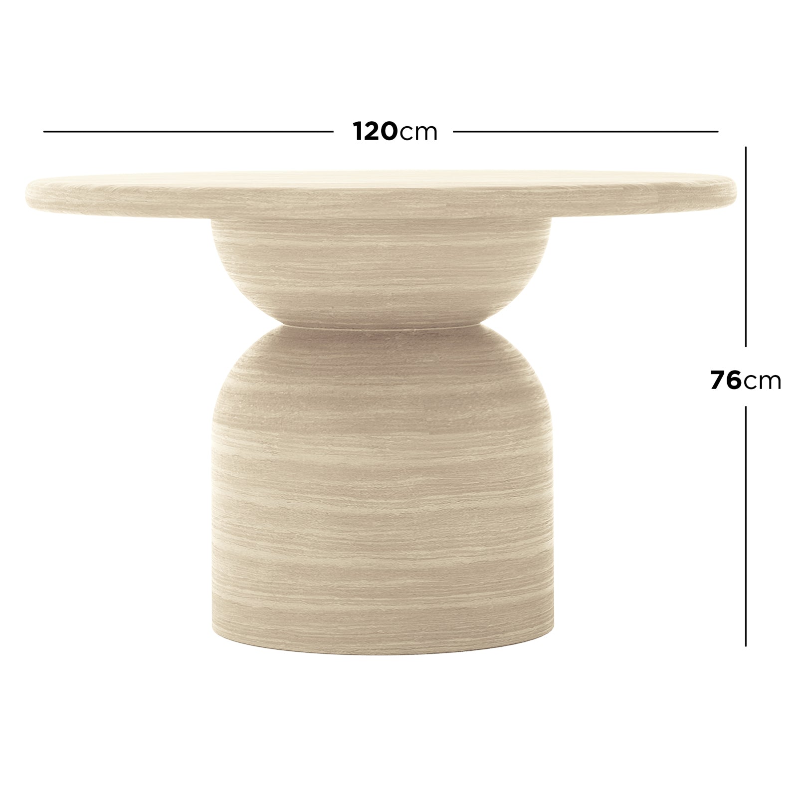 Close-up of Krates & Mindanao 5pc Outdoor Concrete Dining Set featuring a round white concrete table with a round base and wicker chairs, highlighting the set's modern design and durable construction.