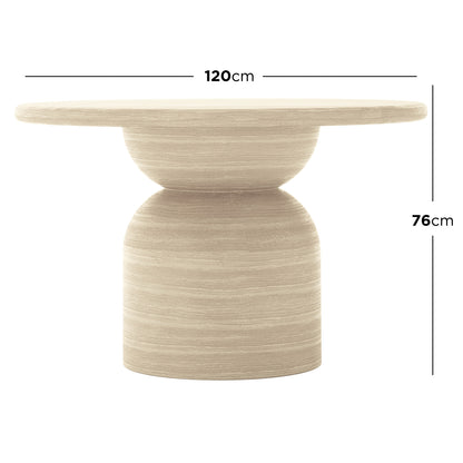 Close-up of Krates & Mindanao 5pc Outdoor Concrete Dining Set featuring a round white concrete table with a round base and wicker chairs, highlighting the set's modern design and durable construction.