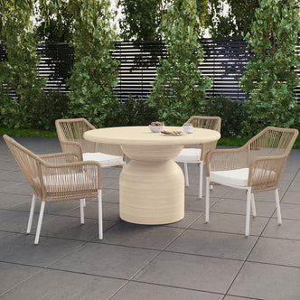 Krates & Visayas 5pc Outdoor Concrete Dining Set w/ Wicker Chairs features a modern round concrete table paired with sturdy wicker chairs, creating a stylish and durable outdoor dining setup.