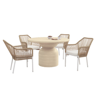 Krates & Visayas 5pc Outdoor Concrete Dining Set features a modern concrete table and wicker chairs, showcasing stylish durability. Ideal for outdoor gatherings, combining comfort and elegance in any setting.