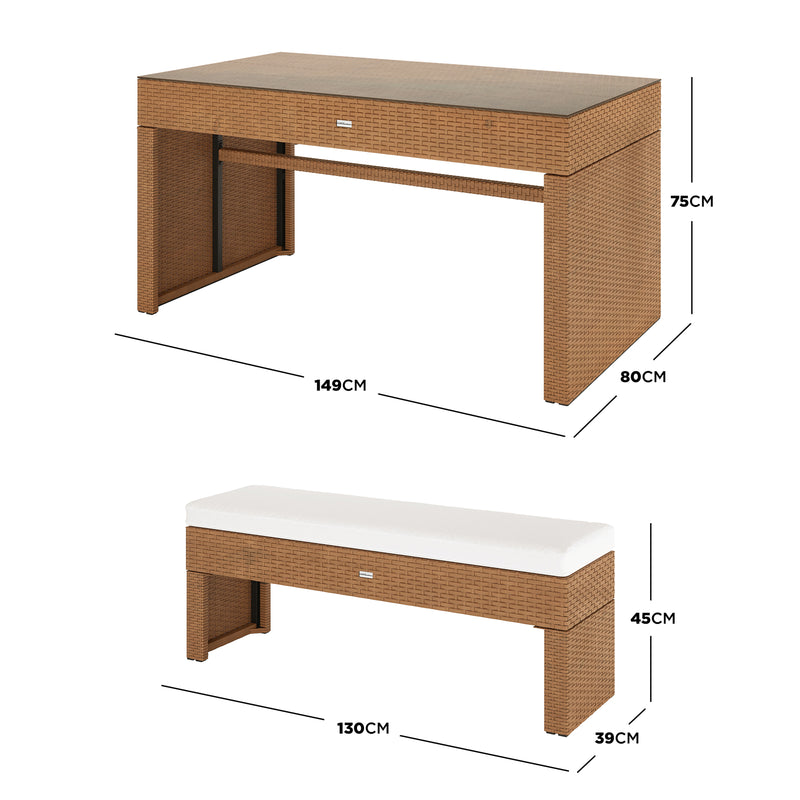 Kummi 4 Seater Outdoor Dining Bench Set features a wicker table and bench with cushion, showcasing dimensions and a woven rattan look, designed for outdoor comfort and style.