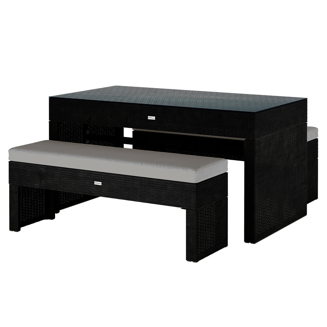 Kummi 4 Seater Outdoor Dining Bench Set features a black rattan-style table with a dark top and two benches with grey cushions, designed for seamless storage and outdoor elegance.