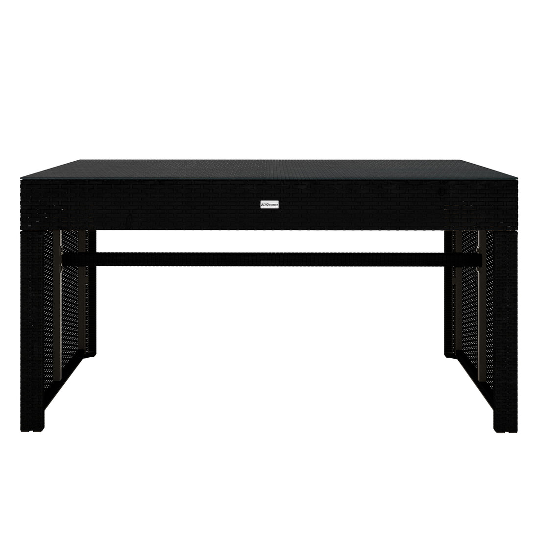 Kummi 4 Seater Outdoor Dining Bench Set in Natural & Warm Grey: Features a low, rectangular black synthetic wicker/rattan coffee table over a metal frame, designed for patio lounge seating.