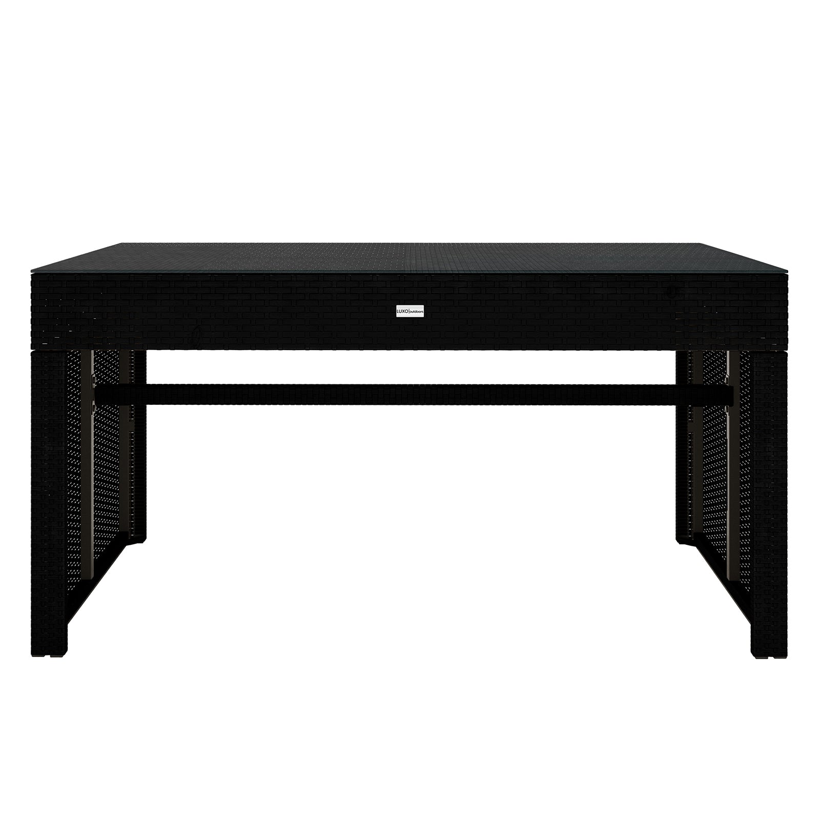 Kummi 4 Seater Outdoor Dining Bench Set in Natural & Warm Grey: Features a low, rectangular black synthetic wicker/rattan coffee table over a metal frame, designed for patio lounge seating.