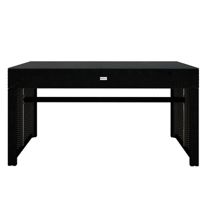 Kummi 4 Seater Outdoor Dining Bench Set in Natural & Warm Grey: Features a low, rectangular black synthetic wicker/rattan coffee table over a metal frame, designed for patio lounge seating.