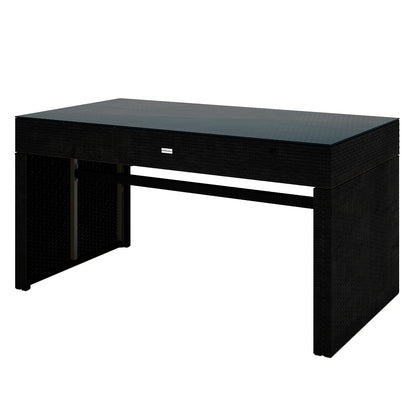 Kummi 4 Seater Outdoor Dining Bench Set features a black synthetic wicker table with a flat glass top, ideal for outdoor spaces like patios or gardens, providing a stylish alfresco dining solution.