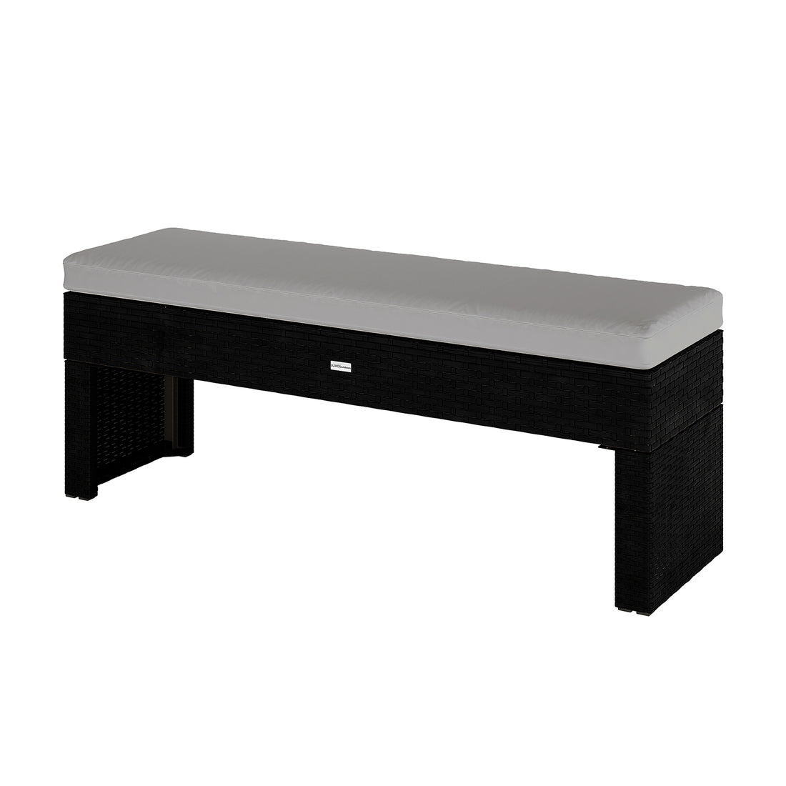 Kummi 4 Seater Outdoor Dining Bench Set in Natural & Warm Grey features a black synthetic wicker bench with a light-gray upholstered cushion, ideal for stylish patio seating.